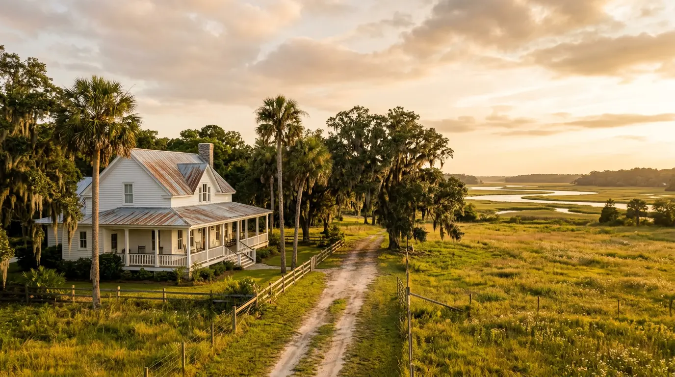 A South Carolina Lowcountry farmhouse beside open pasture and salt marsh